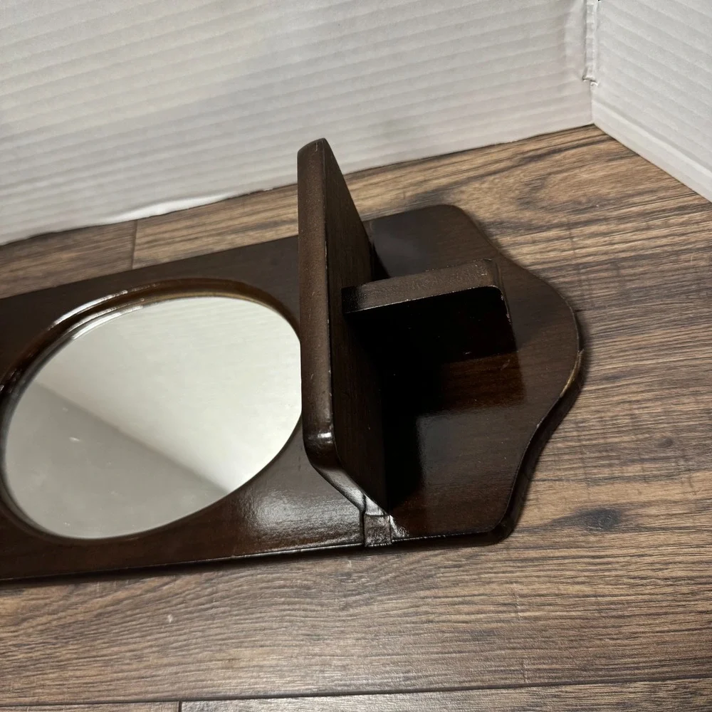 Vintage Wooden Mirror Wall Shelf Dark Mahogany Color Oval Mirror